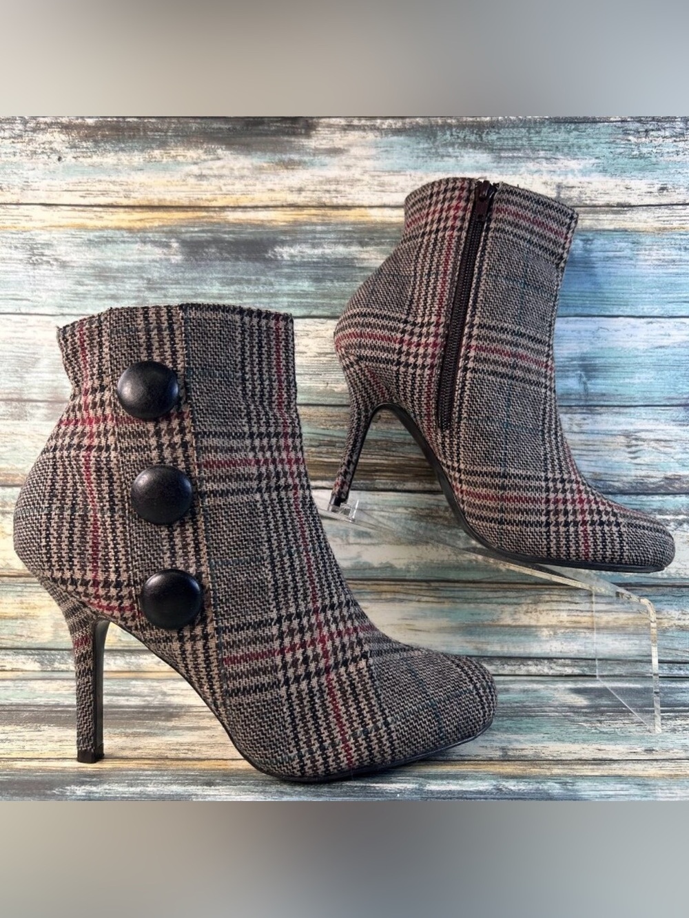 Diba Ankle Bootie Womens 8.5M Gray Plaid Tweed Fabric Faux Button Zip Up Formal